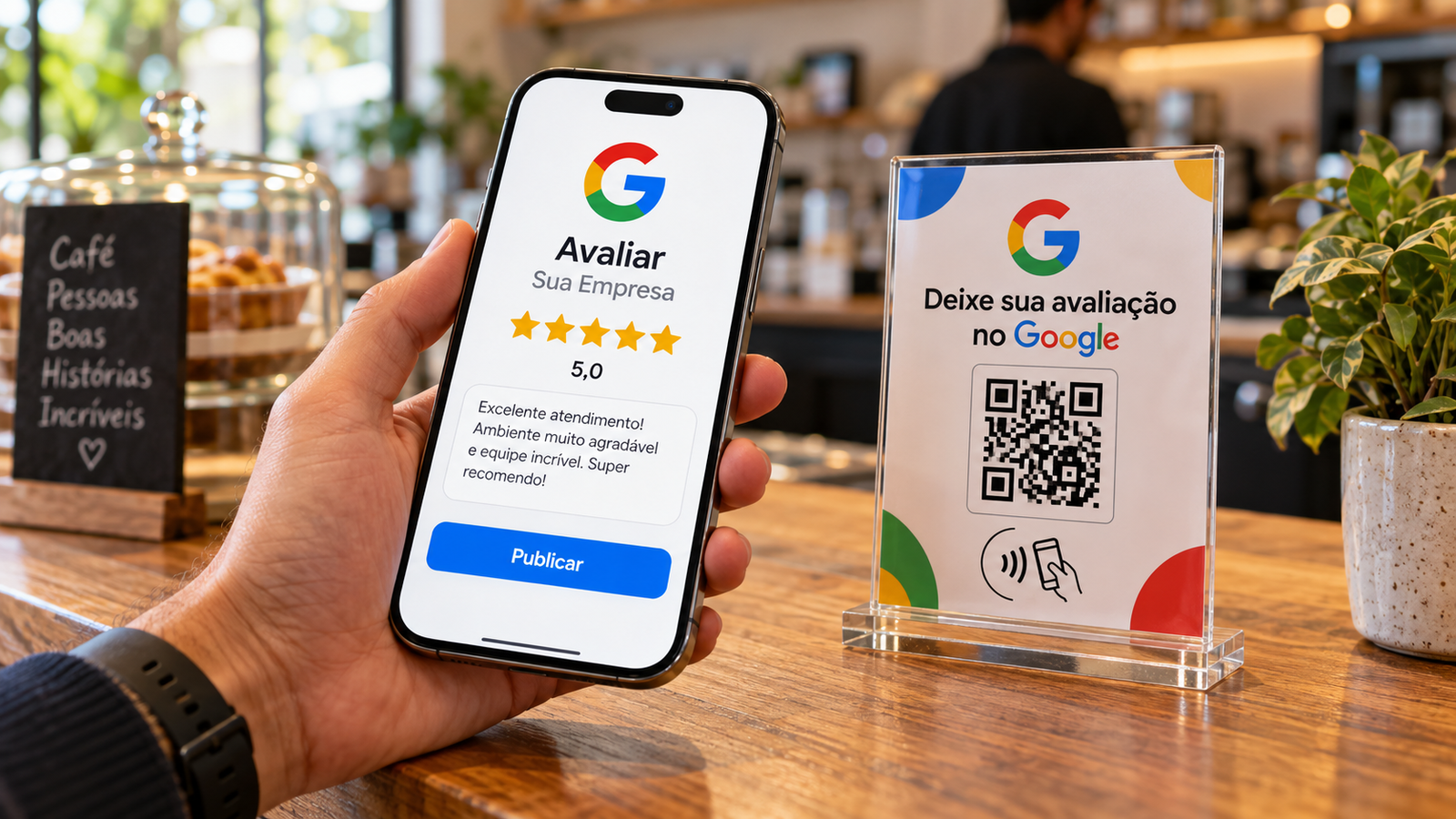 Cliente usando o celular para avaliar uma empresa